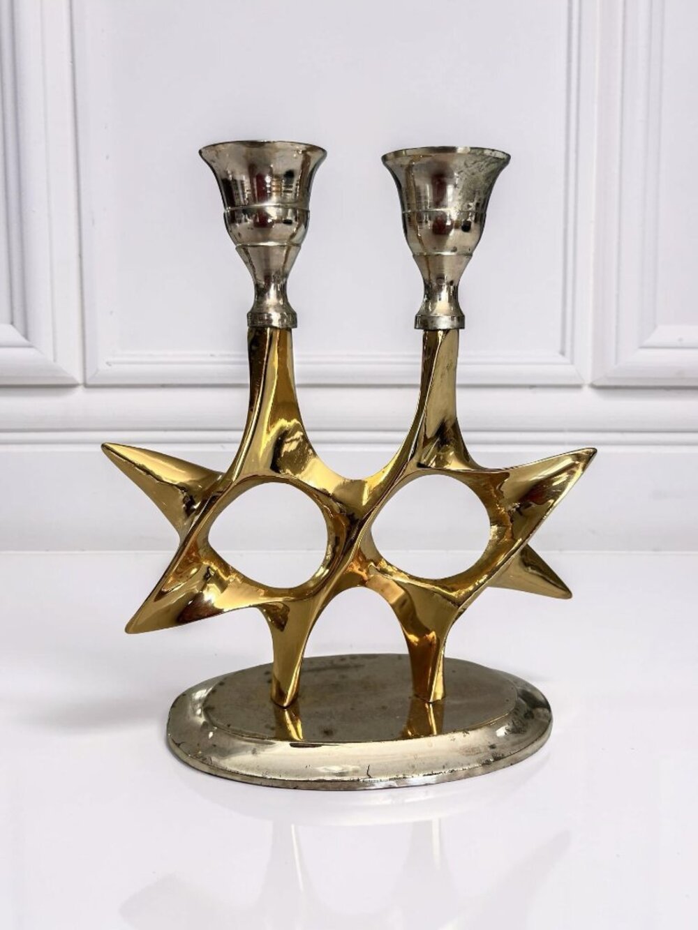 Vintage Brass Duo Star of David w/ Chrome Finish Menorah Jewish Candle Holder